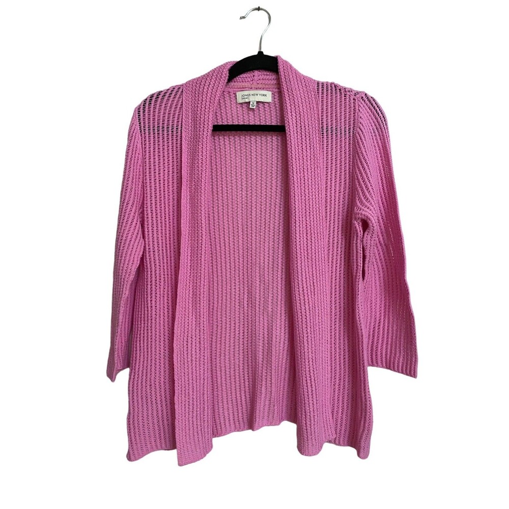 Jones New York Sport Pink Cotton Open Knit Cardigan M 3/4 Sleeve Open Front